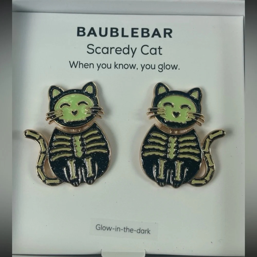 BAUBLEBAR Halloween Cat Dangle/Drop Earrings with Glow in the Dark Skeleton NWT - Picture 1 of 2